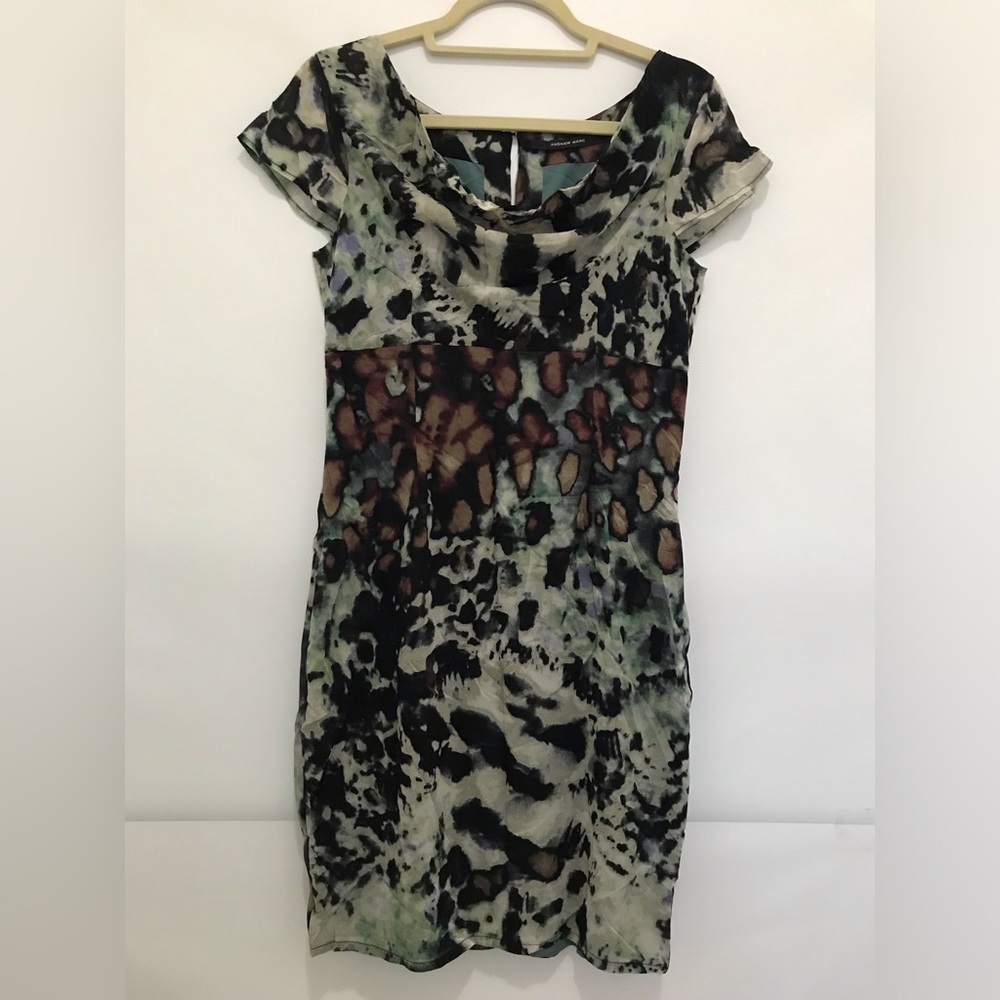Andrew Marc Silk Sheer Animal Print Cap Sleeve Dress in Multi-Color Size 4